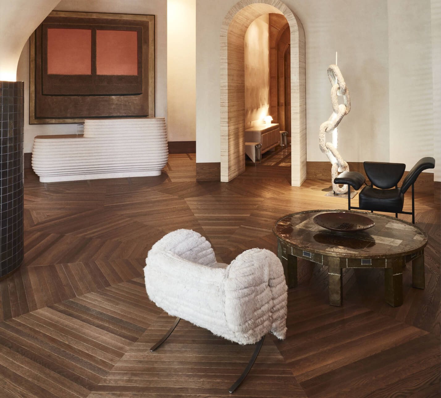 Santa Monica hotel lounge with sculptural furniture and artwork